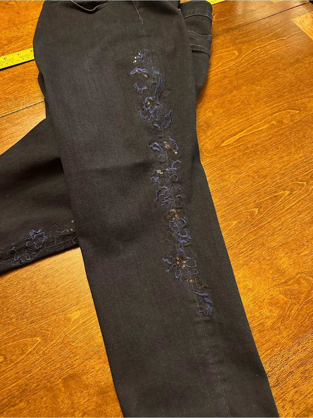 Chico's Black Straight-Leg Jeans with Navy Floral Embroidery